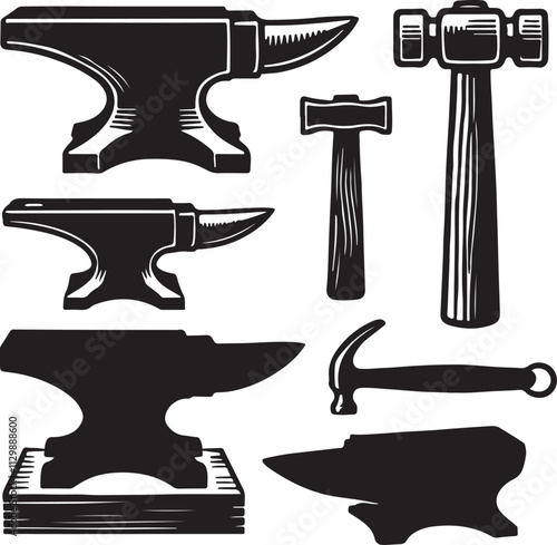 Set of anvil and hammer silhouette design vector art illustration