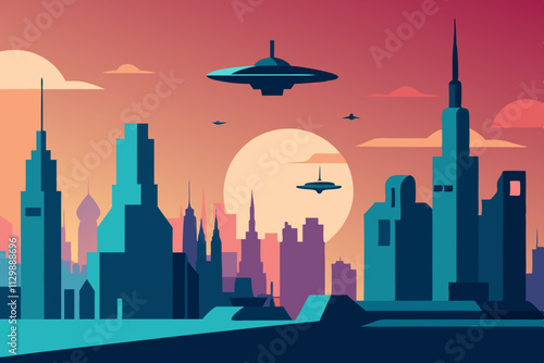  A futuristic city skyline with flying cars vector illustration background design