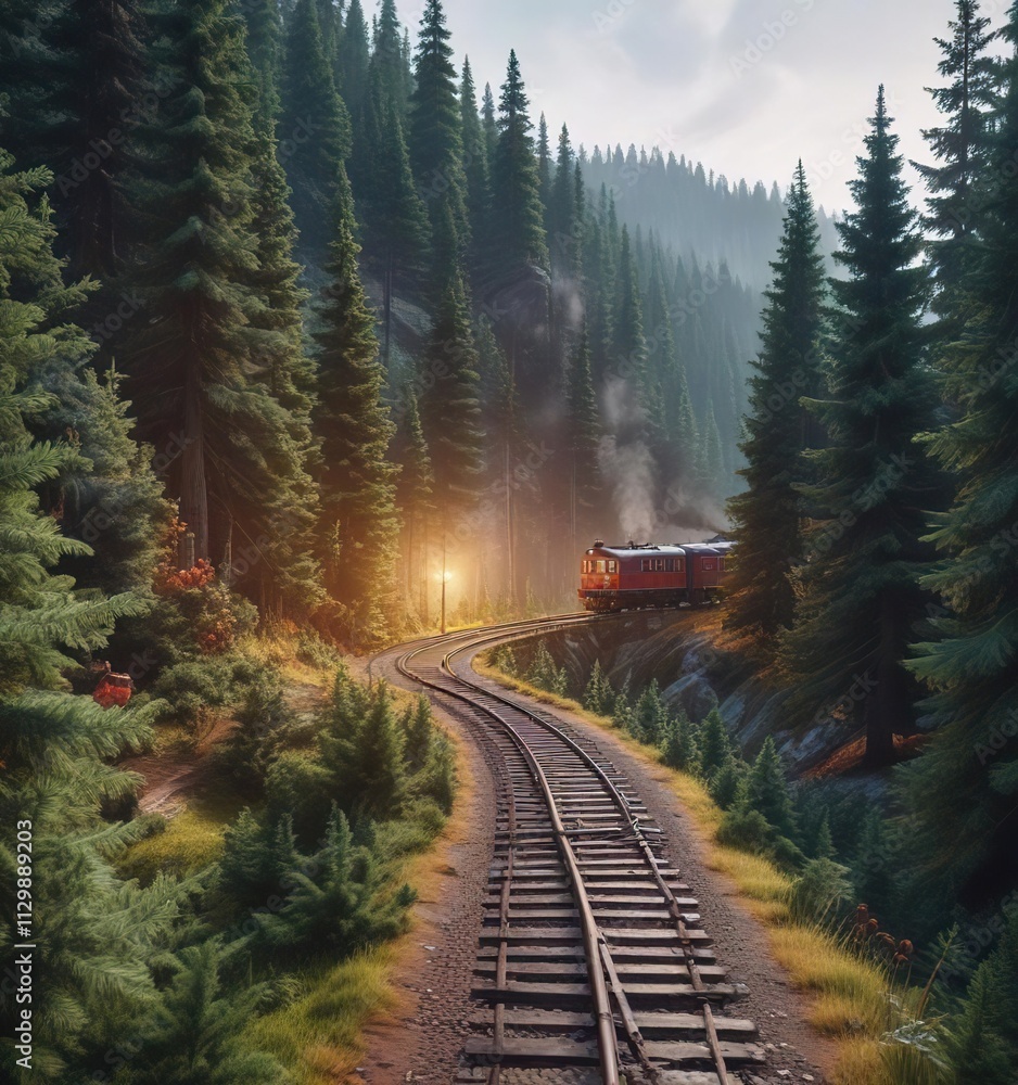 Fototapeta premium Train chugging along a winding path through a dense fir forest on a Christmas tree, winter, rail, forest