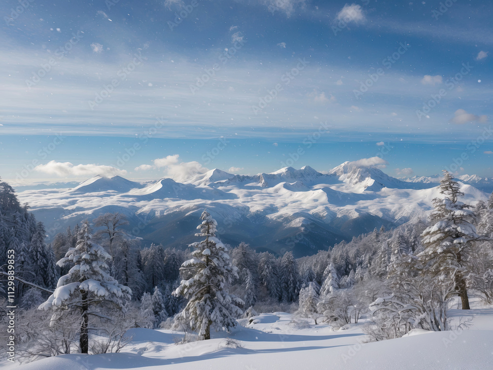 Majestic scenery of snowcovered mountain with trees at winter scenery 