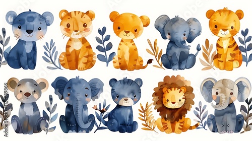 Cute animal illustrations featuring lions elephants and tigers in a playful forest setting whimsical art style photo