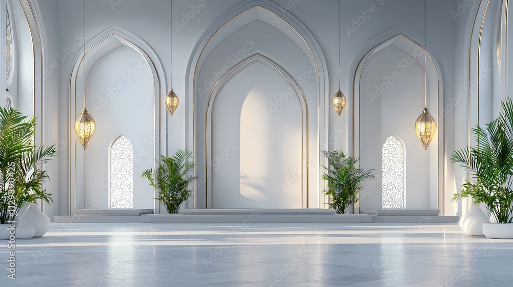 Sunlit minimalist white interior with arched windows, potted plants, and gold lanterns. Sunlit minimalist white interior with arched windows, potted plants, and gold lanterns.