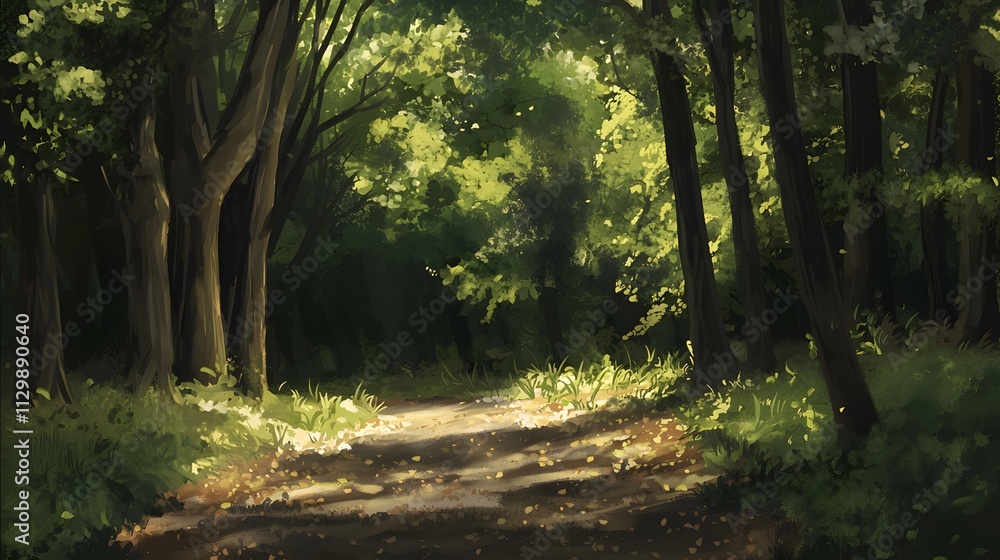 Obraz premium Sunlit path through lush green forest, dappled sunlight on leaves and ground.