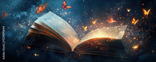 Magic Book with Butterflies and Glowing Light