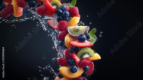 Fototapeta Naklejka Na Ścianę i Meble -  Mixed fruits and berries cascading with water splashes in a swirling shape, isolated for tropical beverage designs
