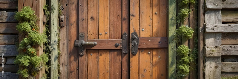 wooden door with moss and lichen on the hinges, wooden door, weathered wood wooden door with moss and lichen on the hinges, wooden door, weathered wood