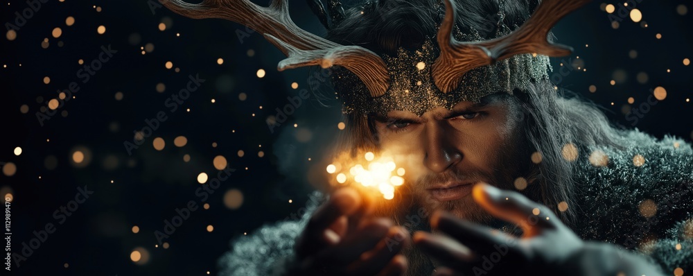 Man wears antler headdress, holds fiery light. Pagan holiday concept. Powerful mystical energy. Focus on ritual celebration. Visual appeal for holiday poster greeting card. Man looks concentrated. Man wears antler headdress, holds fiery light. Pagan holiday concept. Powerful mystical energy. Focus on ritual celebration. Visual appeal for holiday poster greeting card. Man looks concentrated.