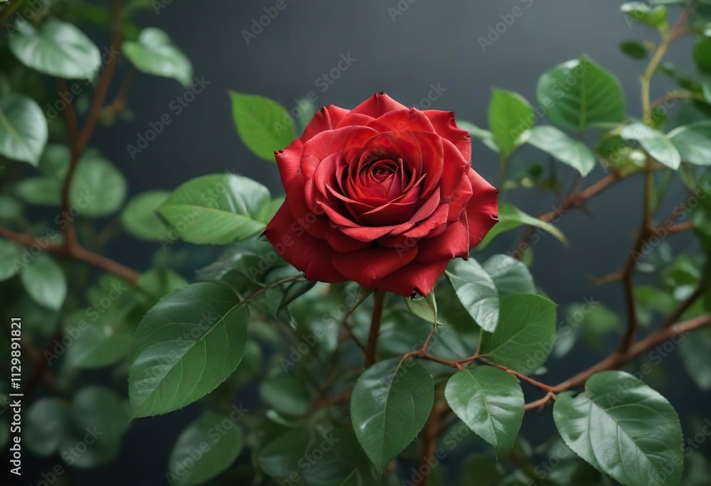 A beautiful red rose is nestled among delicate green leaves on a slender branch, leafy branch, floral arrangement, botanical garden A beautiful red rose is nestled among delicate green leaves on a slender branch, leafy branch, floral arrangement, botanical garden