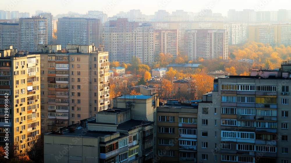 Fototapeta premium A peaceful city skyline at dawn featuring residential apartment buildings bathed in the soft morning light, with autumn trees adding a warm, colorful touch to the urban environment.. AI Generation