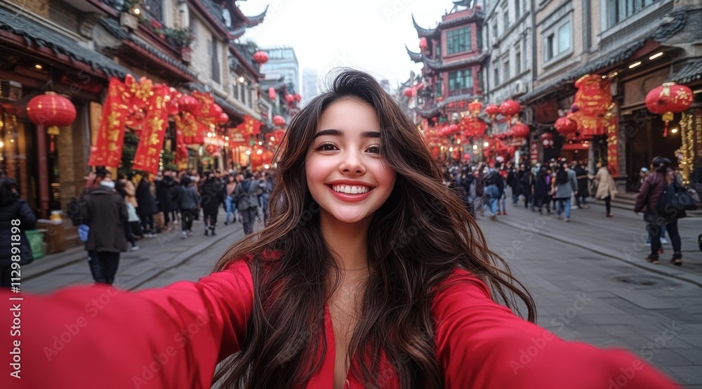 beautiful Chinese girl with long brown hair, wearing red clothing beautiful Chinese girl with long brown hair, wearing red clothing