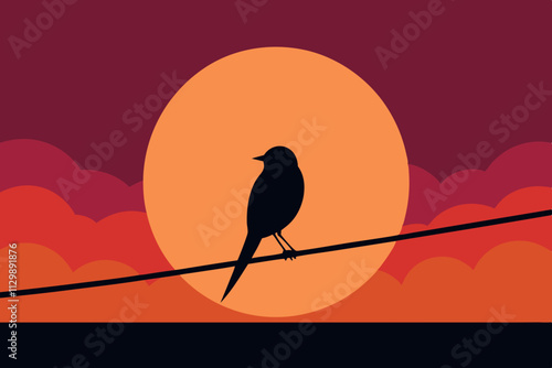 A bird perched on a wire against a sunset sky vector illustration background design