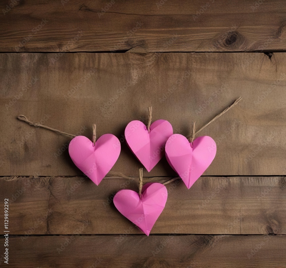 A bundle of pink paper hearts tied together with twine on a rustic background, home decor , pink hearts A bundle of pink paper hearts tied together with twine on a rustic background, home decor , pink hearts
