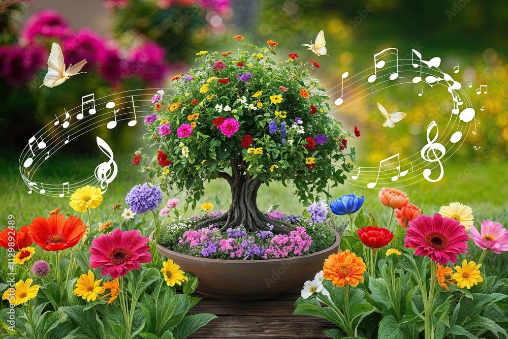 Fototapeta premium Vibrant Mind Garden Promoting Mental Wellness and Self-Care through Colorful Blooms and Soothing Sounds