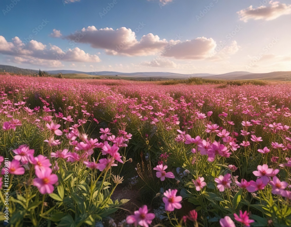 A field of pink wildflowers swaying gently in the breeze with a sunny sky above, plants, landscape, nature A field of pink wildflowers swaying gently in the breeze with a sunny sky above, plants, landscape, nature