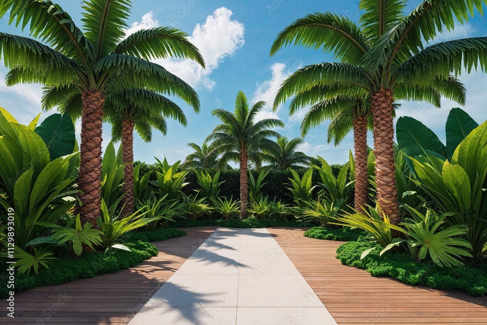 Fototapeta premium Realistic Tropical Palm Leaf Garden Visualization for Ultimate Relaxation and Serenity