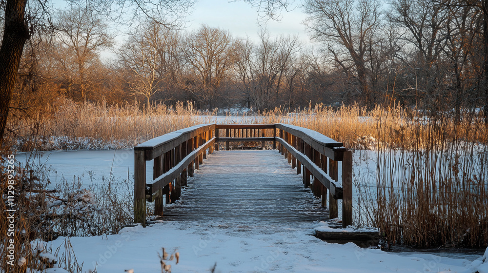 Obraz premium Snow-covered wooden bridge surrounded by trees and reeds during Christmas season