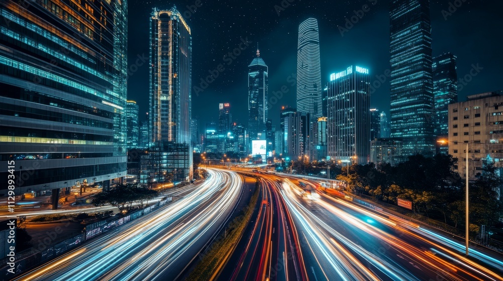 A bustling city at night, with sleek skyscrapers and bright car lights streaking through the streets. The dynamic energy of urban life is captured with vibrant colors and movement against the city A bustling city at night, with sleek skyscrapers and bright car lights streaking through the streets. The dynamic energy of urban life is captured with vibrant colors and movement against the city