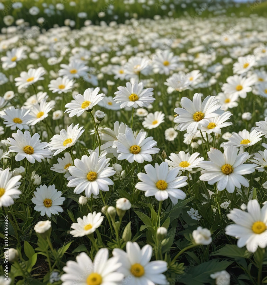 A lush collection of white flowers in a field, blooming, green grass, delicate A lush collection of white flowers in a field, blooming, green grass, delicate