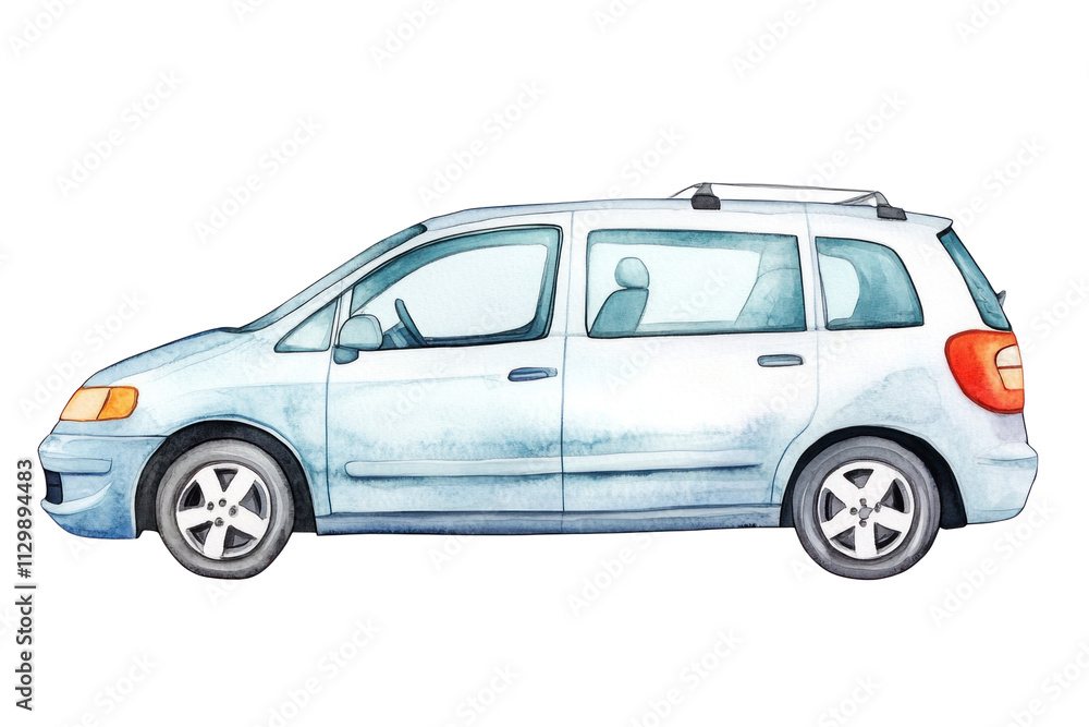 Watercolor Illustration of a Blue Minivan Watercolor Illustration of a Blue Minivan