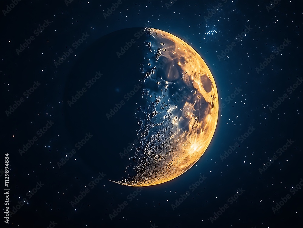 Naklejka premium Golden Crescent Moon Amidst Distant Stars