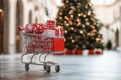 Shopping cart loaded with Christmas presents stands near decorated Christmas tree indoors. Gifts wrapped in red, white patterned paper. Festive atmosphere in shopping mall. Great for holiday shopping photo