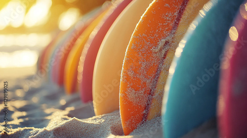 surfboards standing upright in the sand, evoking tranquility, adventure, and the spirit of the ocean. A symbol of coastal lifestyle and the pursuit of waves photo