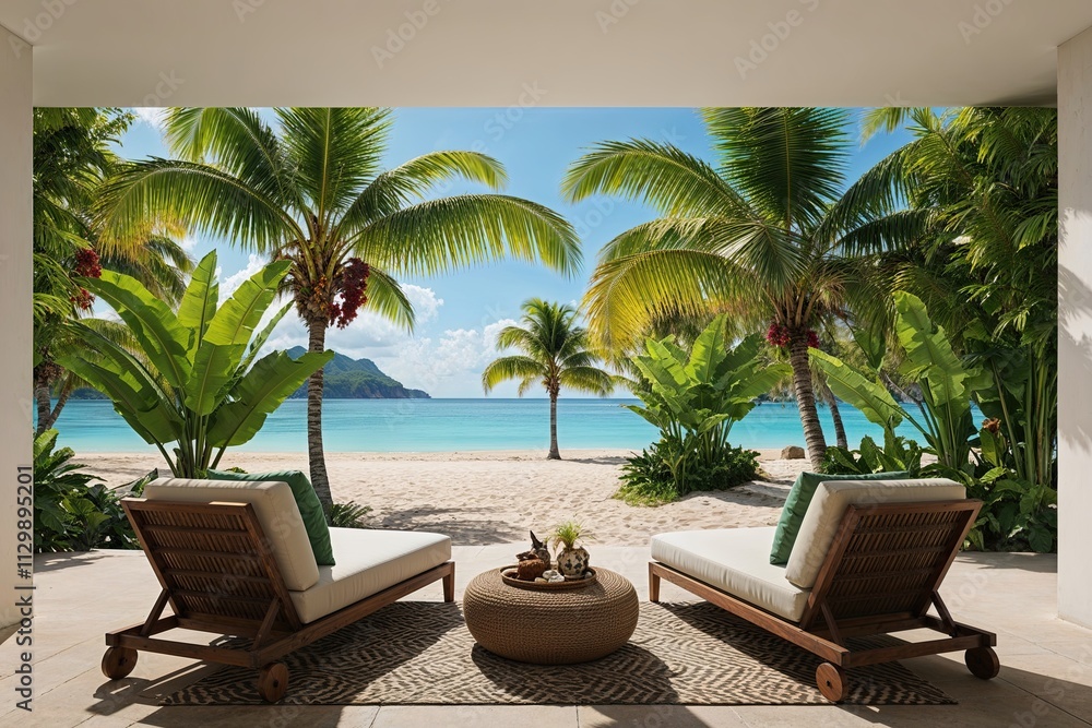 Fototapeta premium Serene Lifelike Tropical Paradise with Exotic Palm Fronds at a Beach Retreat