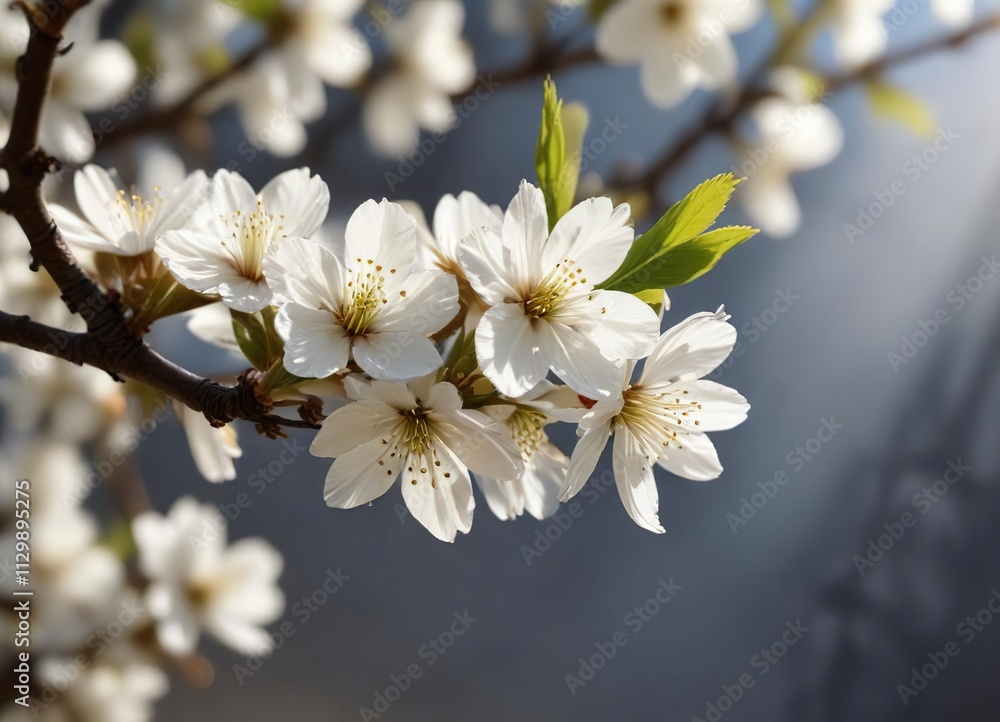 A single white cherry blossom on a branch in the sunlight , delicate petals, white cherry blossoms A single white cherry blossom on a branch in the sunlight , delicate petals, white cherry blossoms