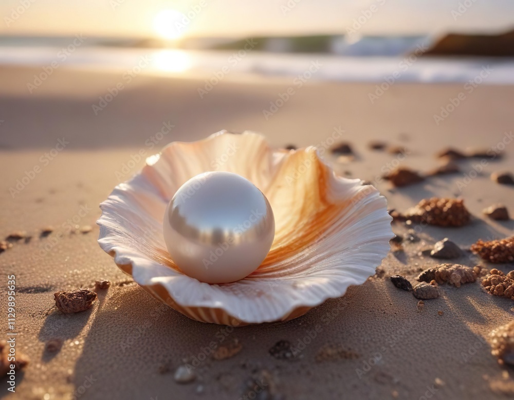 A smooth white pearl rests quietly inside an empty and weathered open seashell on a beach at sunrise, beige, object, nature A smooth white pearl rests quietly inside an empty and weathered open seashell on a beach at sunrise, beige, object, nature