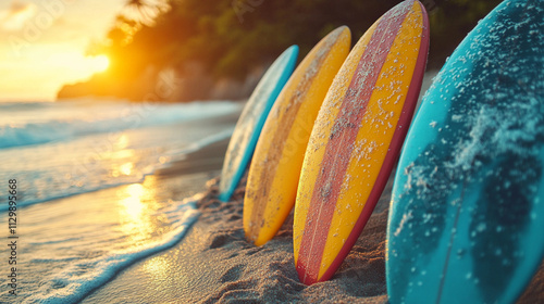 surfboards standing upright in the sand, evoking tranquility, adventure, and the spirit of the ocean. A symbol of coastal lifestyle and the pursuit of waves photo