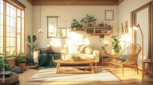 Sunlit living room with beige sofa, wooden coffee table, plants, and wicker chair.