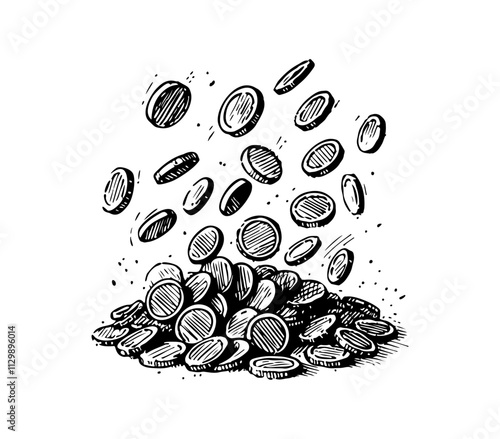 Coin money hand drawn sketch black and whiite vector photo