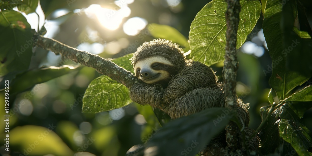 Peaceful Sloth Hanging on Tree Branch in Rainforest Sunlight Peaceful Sloth Hanging on Tree Branch in Rainforest Sunlight