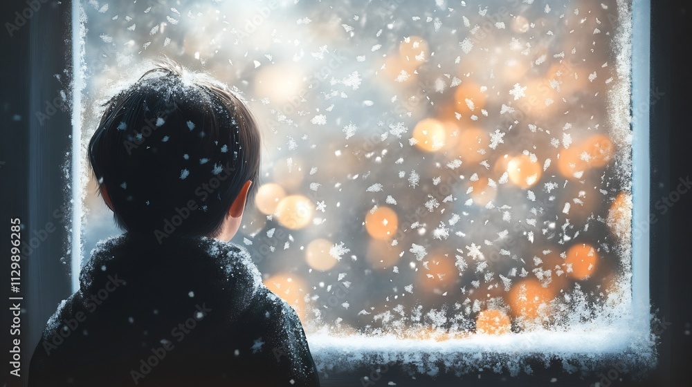 Young boy silhouetted against a snowy frost covered window reflecting the soft evening light