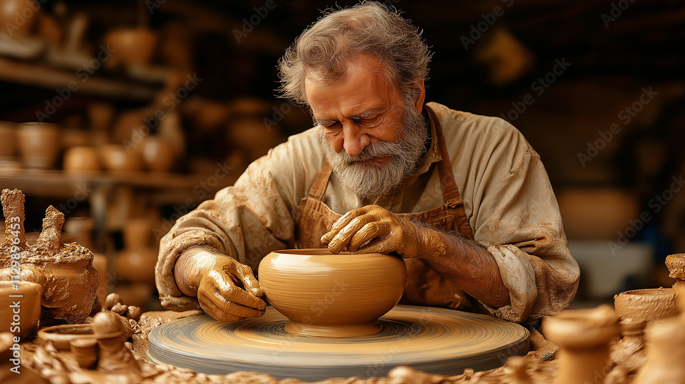 An old man working on a pottery wheel, shaping clay into a beautiful vase, surrounded by pottery tools. An old man working on a pottery wheel, shaping clay into a beautiful vase, surrounded by pottery tools.