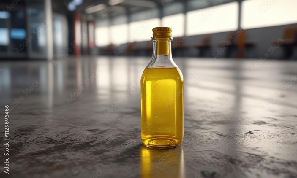 A yellow glass bottle with liquid inside is abandoned on the airport floor, plane ramp area, airplane landing strip A yellow glass bottle with liquid inside is abandoned on the airport floor, plane ramp area, airplane landing strip