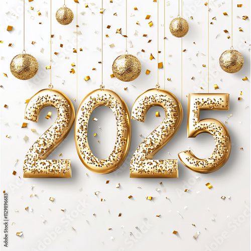 Hello 2025 greeting card design. Happy New Year 2025 text with realistic festive fireworks explosions isolated on white background. Congratulation banner Generative AI	