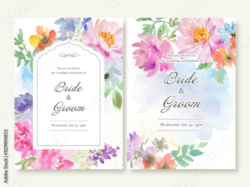 Wedding invitation card design set with abstract pink peonies and wild flowers painted in watercolor. A hand-drawn card template set with flowers. photo