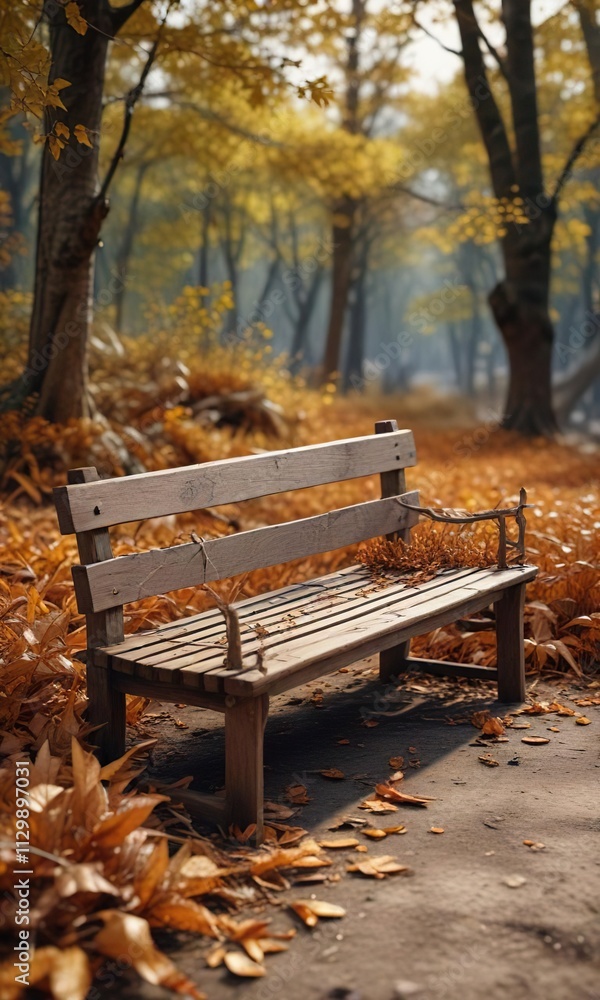 An isolated wooden bench covered in a thick layer of dried leaves and twigs, wooden bench, natural elements , dried leaves An isolated wooden bench covered in a thick layer of dried leaves and twigs, wooden bench, natural elements , dried leaves