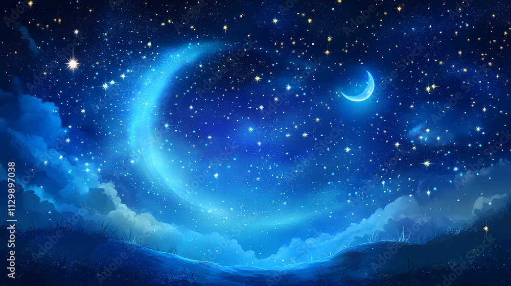 Beautiful shimmering aurora borealis in a dark blue sky with glittering stars and a crescent moon, magical, aurora borealis. Aurorae. Illustration Beautiful shimmering aurora borealis in a dark blue sky with glittering stars and a crescent moon, magical, aurora borealis. Aurorae. Illustration