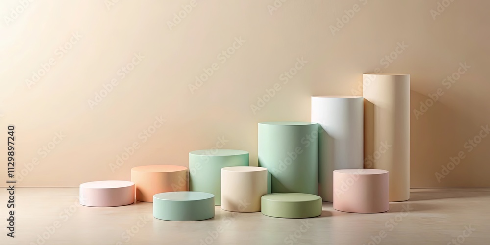 Pastel Cylinders Arranged in Ascending Order on a Neutral Background Pastel Cylinders Arranged in Ascending Order on a Neutral Background