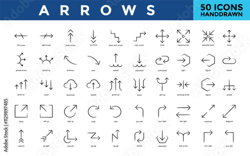 Arrows icon set with left arrow, right arrow, down arrow, up arrow, down stair arrow, stair arrow, move, expand arrow, assembly point icon. Simple handdrawn vector 
