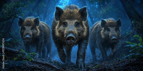 Wild Boar Trio Foraging in Dark Forest at Dawn