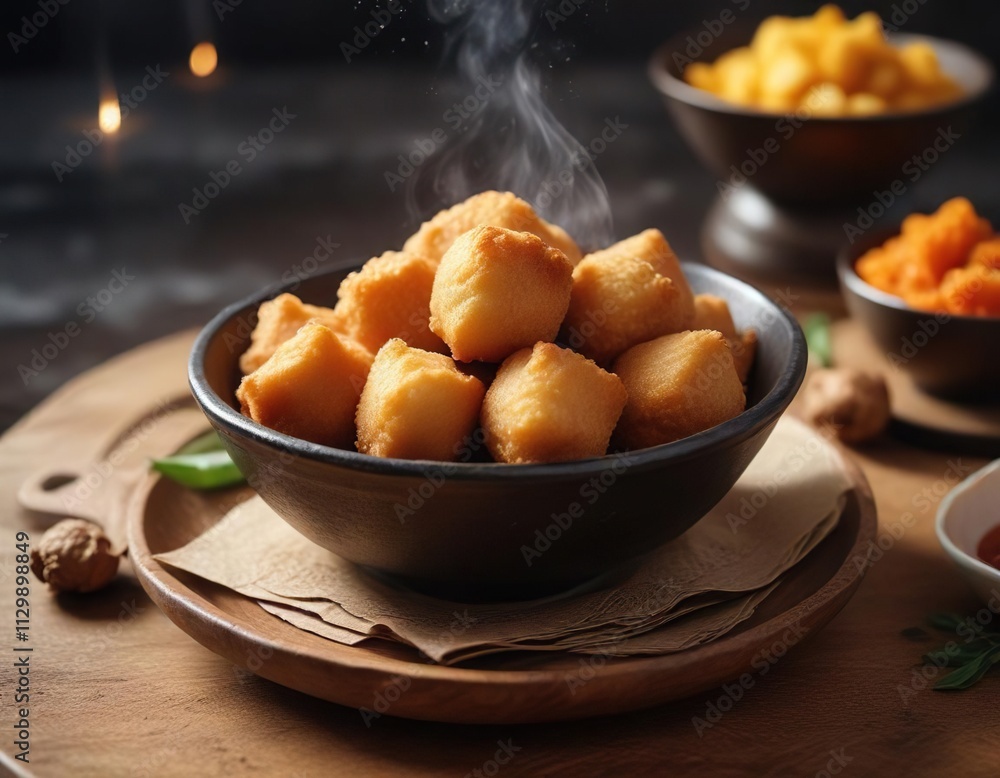 Crispy fried Pempek served in a steaming hot bowl with a side of Cuko sauce, cuisine, pempek Crispy fried Pempek served in a steaming hot bowl with a side of Cuko sauce, cuisine, pempek