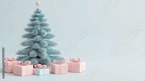 Elegant Winter Christmas Tree with Gifts and on Snowy Background