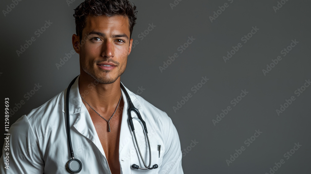 A young Hispanic man stands confidently in a white doctor's coat, showcasing a warm smile and engaging demeanor A young Hispanic man stands confidently in a white doctor's coat, showcasing a warm smile and engaging demeanor