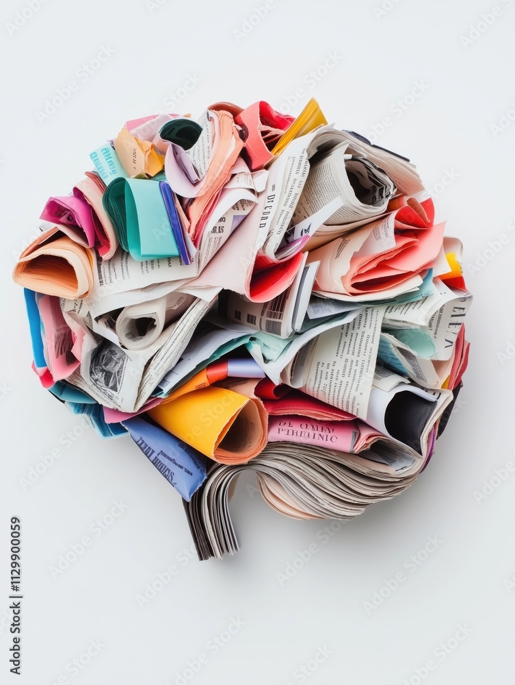 Top-down view of a brain sculpture crafted from colorful crumpled newspapers on a white background, symbolizing creativity Top-down view of a brain sculpture crafted from colorful crumpled newspapers on a white background, symbolizing creativity