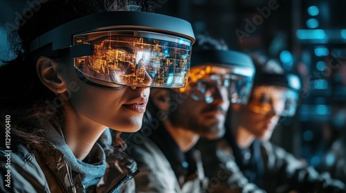 Futuristic tech team wearing AR glasses.