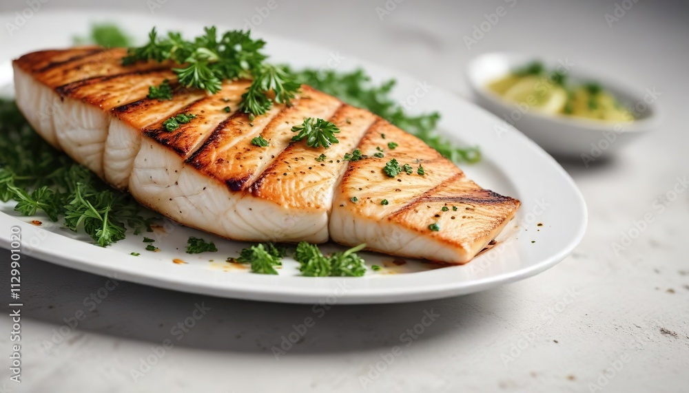 Grilled fish fillet with parsley garnish on white plate, garnish, meal, seafood Grilled fish fillet with parsley garnish on white plate, garnish, meal, seafood