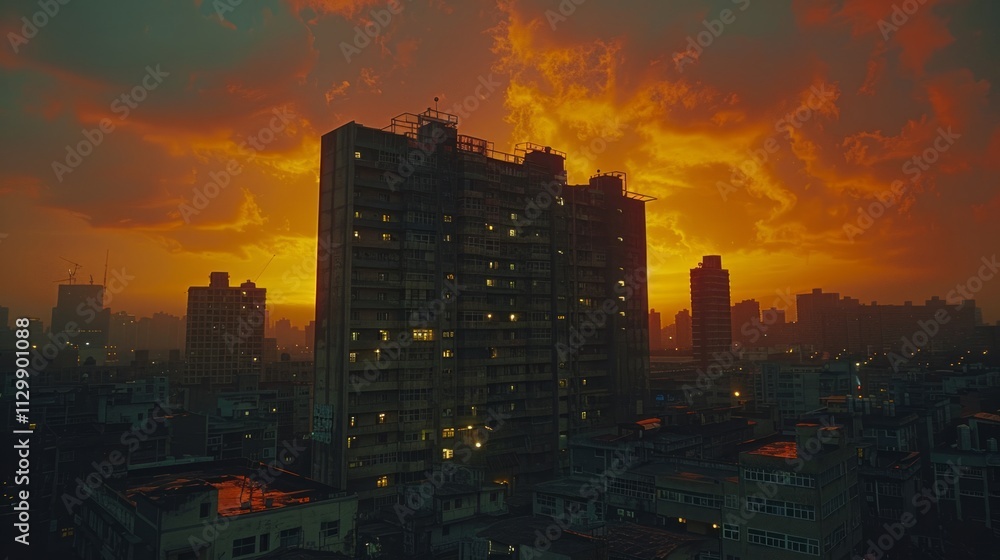 Dramatic sunset over city skyline with illuminated apartment building. Dramatic sunset over city skyline with illuminated apartment building.